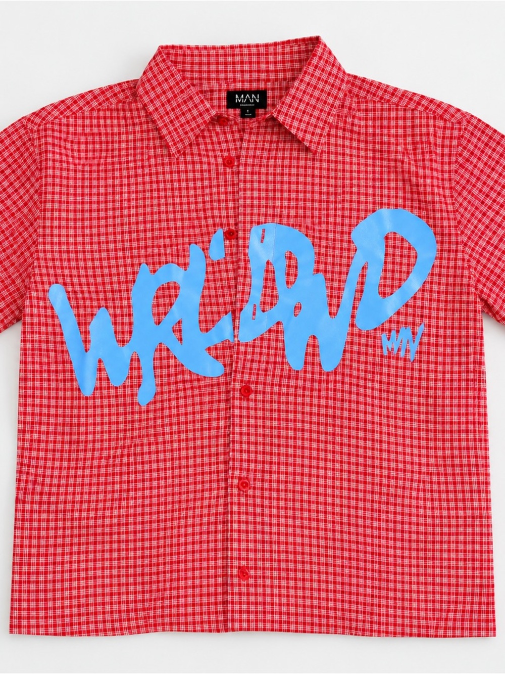 Red Checked Short-Sleeve Shirt with Blue Graphic